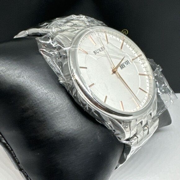Burei S-13001M Men's Silver Stainless Steel Analog White Dial Quartz Watch JNA48 - Picture 3 of 12
